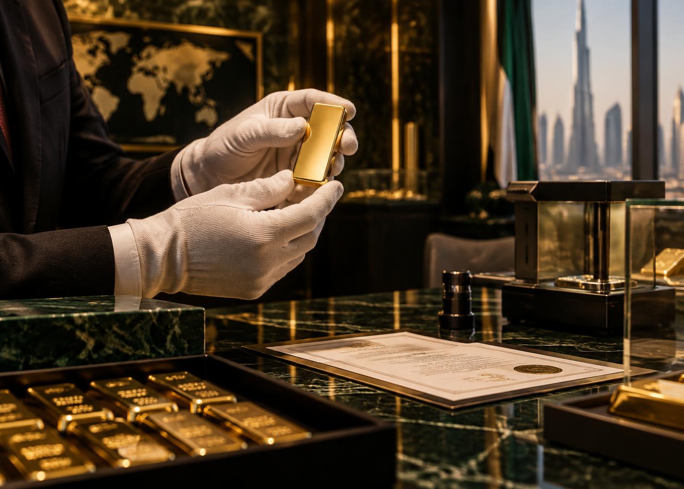 Expert vérifiant un lingot d’or certifié à Dubaï