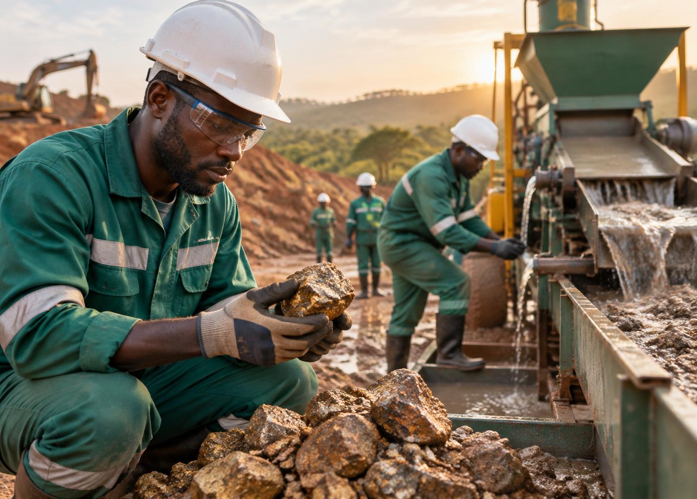 Opérateurs d’une petite mine responsable examinant du minerai